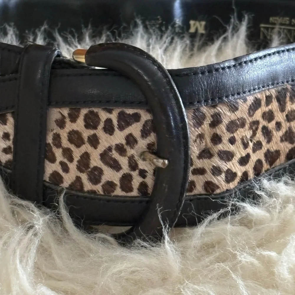 Black Leather/ Leopard Print Fur Wide Belt Made in Spain